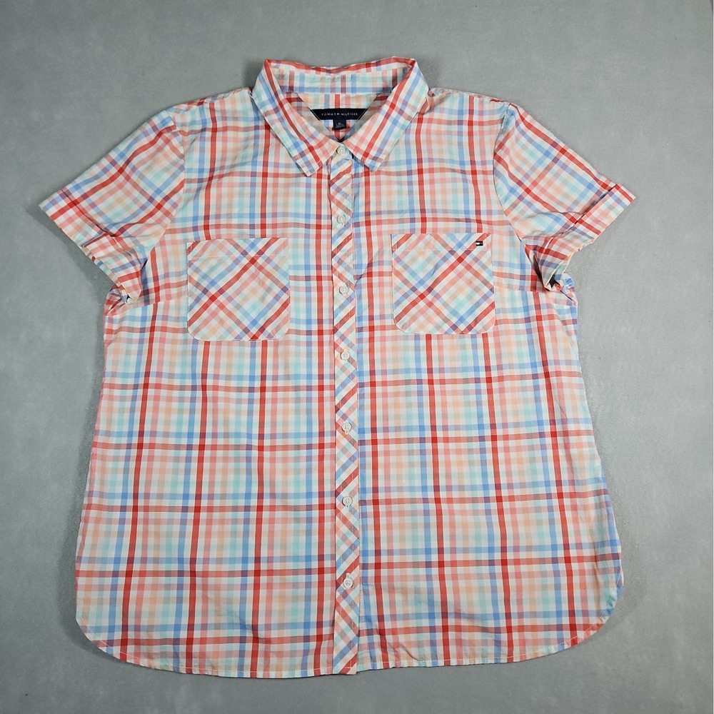 Tommy Hilfiger Womens Plaid Button Up Short Sleeve Shirt Size XL